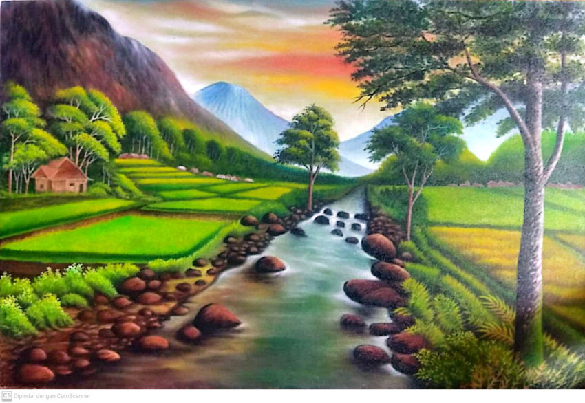 Oil Painting mountain and rice field
