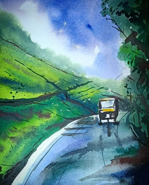 Auto on rainy road