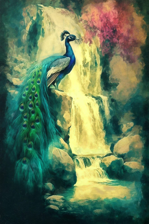 oil painting of peacock under waterfall