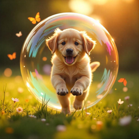 Magical Happy Puppy in Rainbow Bubble Fantasy dog
