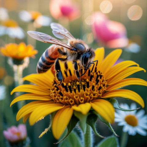 a macro photograph of a honeybee diligen