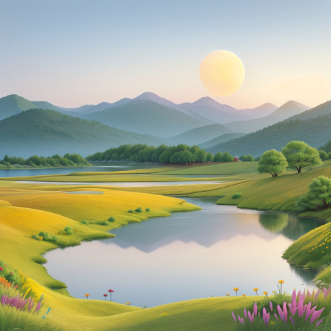 Golden Sunset Over Green Fields and River